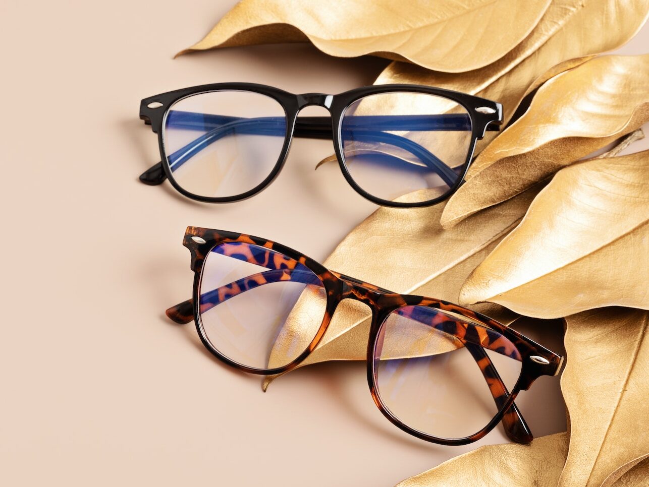 Stylish eyeglasses. Optical store, glasses selection at optician, fashion accessories